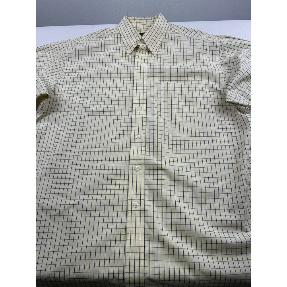 Brooks Brothers Mens Large Short Sleeve Shirt Button Down‎ Yellow Plaid *STAINS*